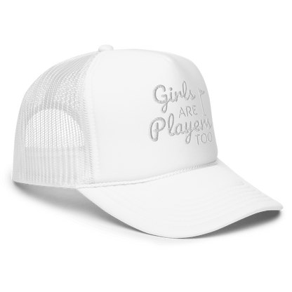 Girls Are Players, Too Embroidered Trucker Hat - White - Club Rehab
