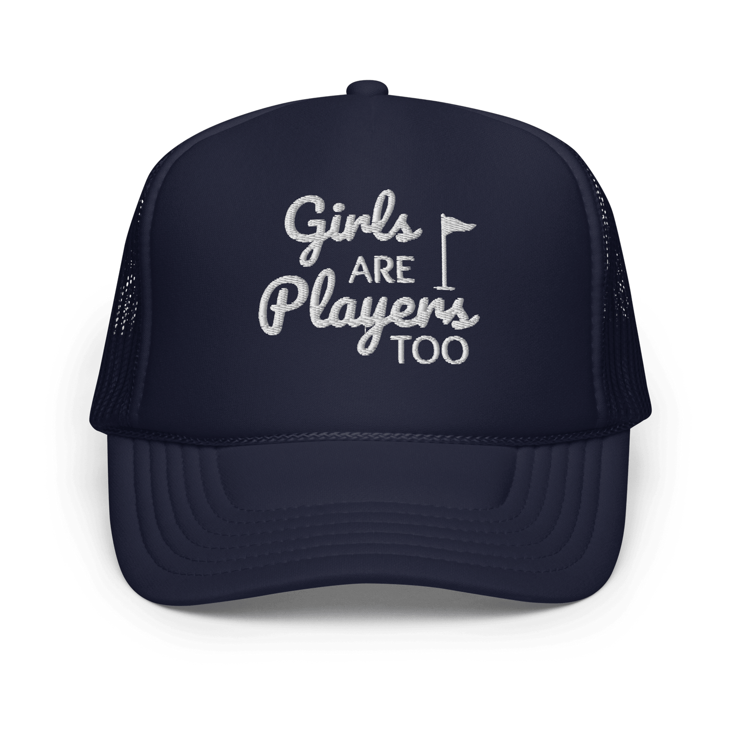 Girls Are Players, Too Embroidered Trucker Hat - Navy - Club Rehab