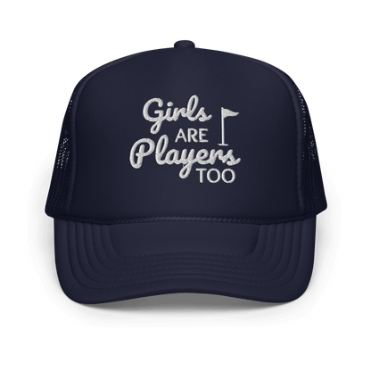 Girls Are Players, Too Embroidered Trucker Hat - Navy - Club Rehab