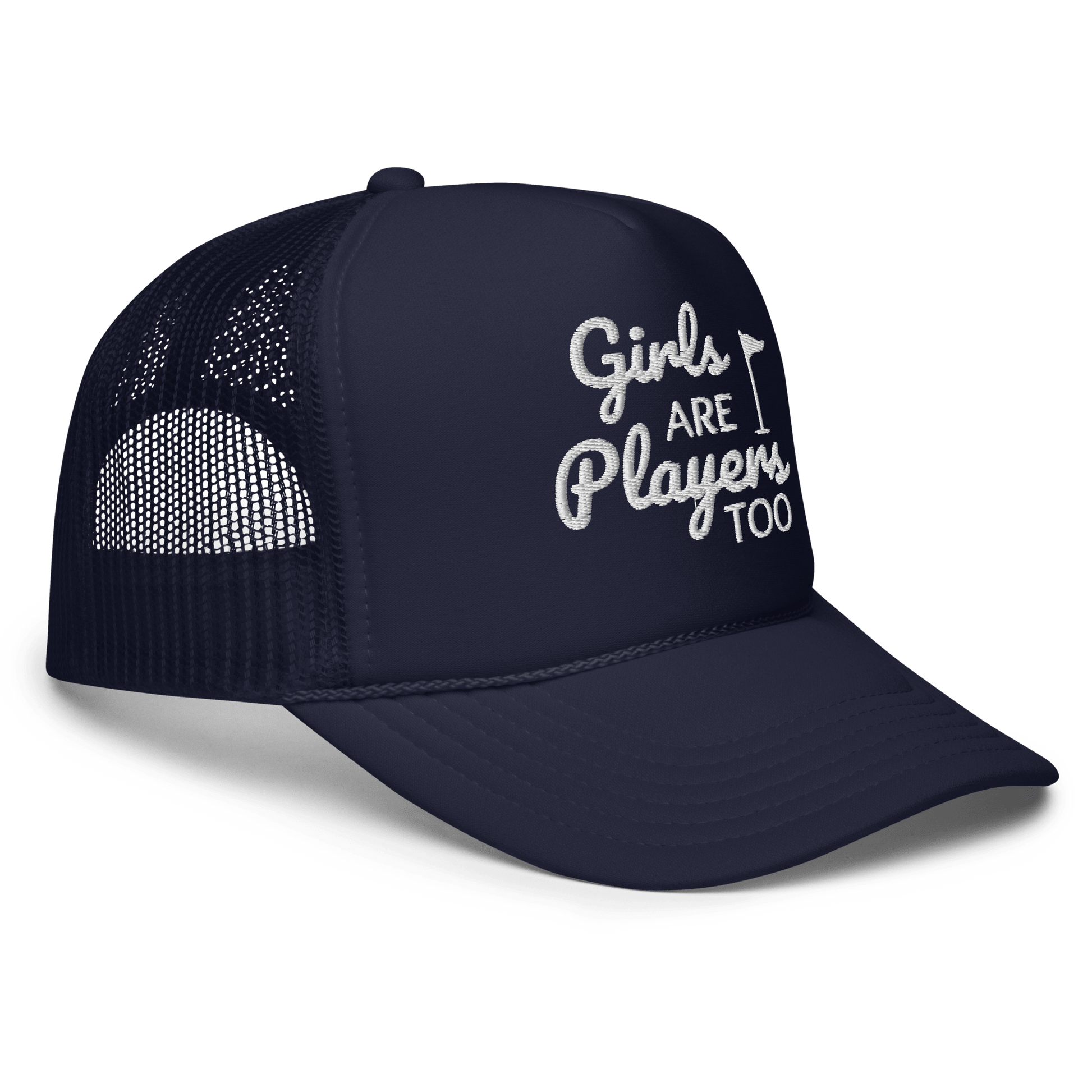 Girls Are Players, Too Embroidered Trucker Hat - Navy - Club Rehab