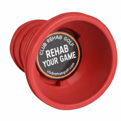 Red golf training aid with 'Rehab Your Game' label on a white background