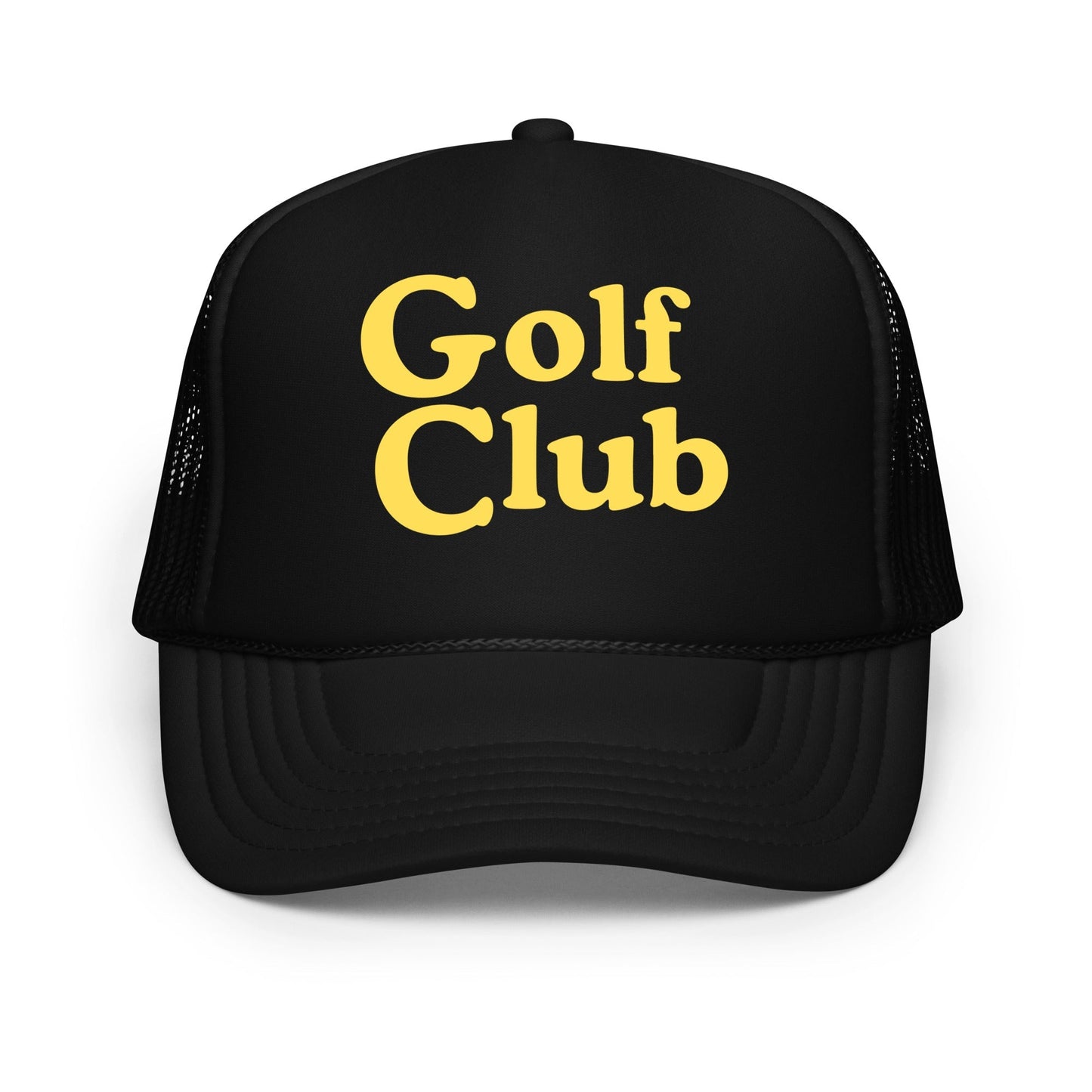 Golf Club Trucker Hat – Foam Mesh Hat with Golden Yellow Print - Black - Club Rehab