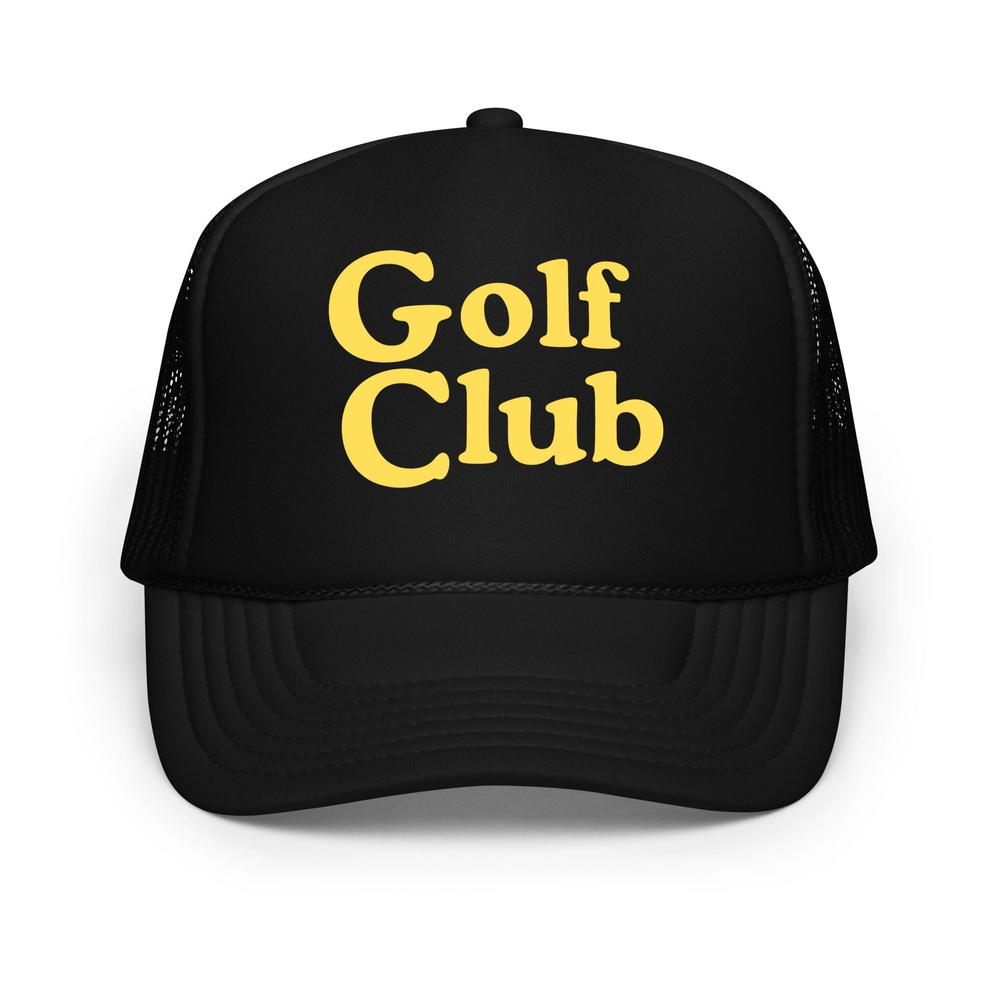 Golf Club Trucker Hat – Foam Mesh Hat with Golden Yellow Print - Black - Club Rehab