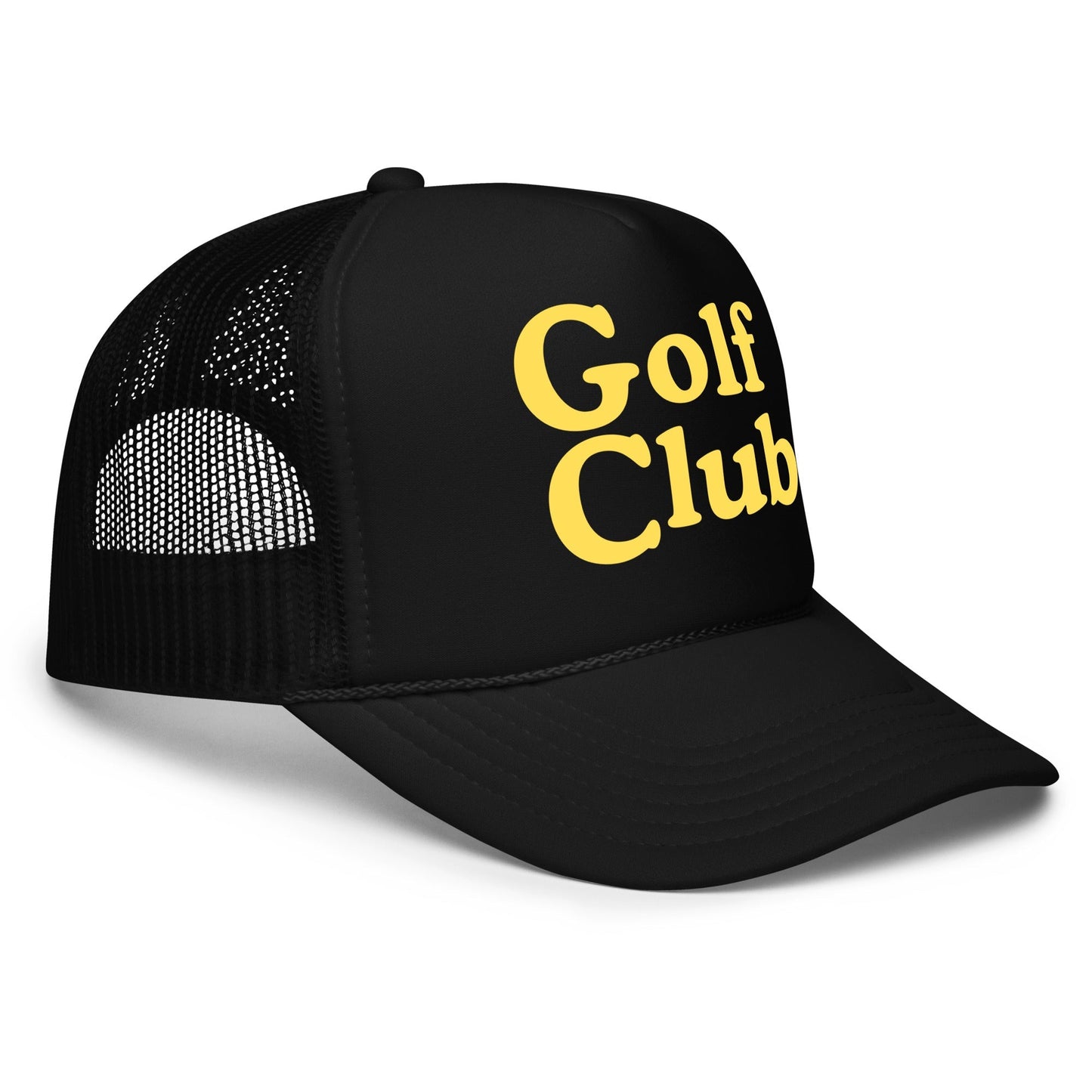 Golf Club Trucker Hat – Foam Mesh Hat with Golden Yellow Print - Black - Club Rehab