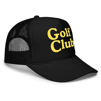 Golf Club Trucker Hat – Foam Mesh Hat with Golden Yellow Print - Black - Club Rehab
