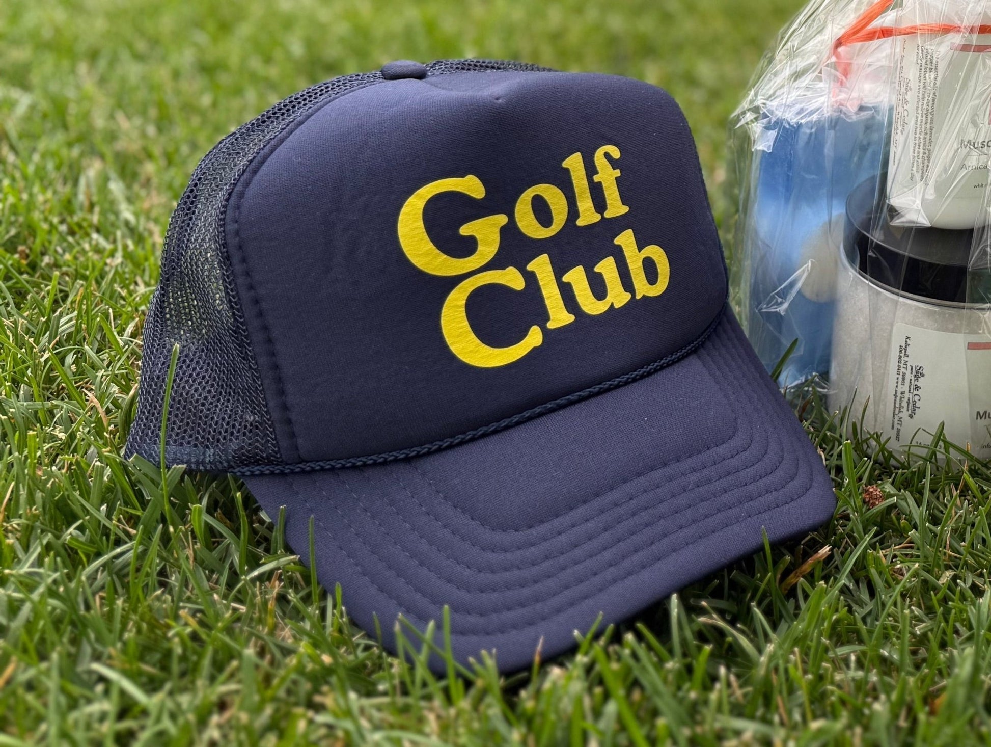 Golf Club Trucker Hat – Foam Mesh Hat with Golden Yellow Print - Black - Club Rehab