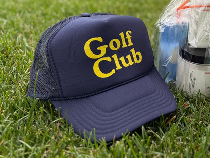 Golf Club Trucker Hat – Foam Mesh Hat with Golden Yellow Print - Black - Club Rehab