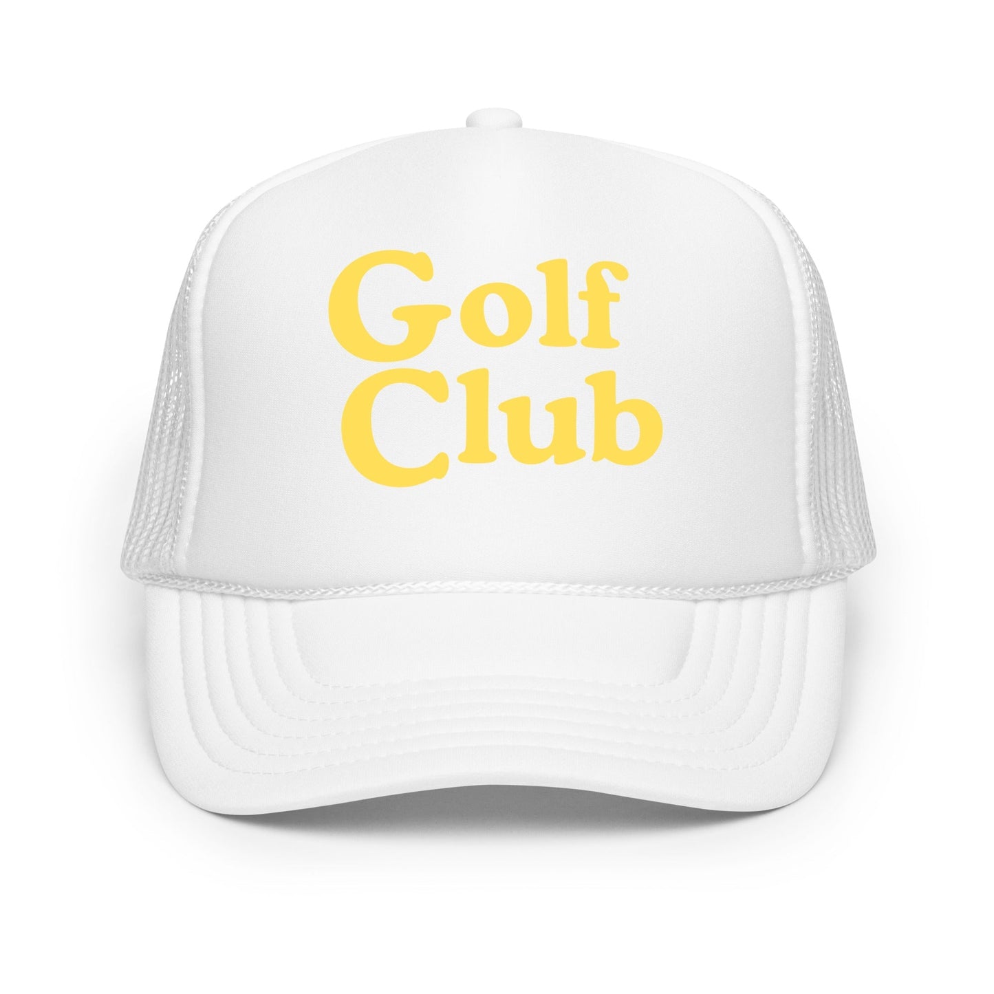 Golf Club Trucker Hat – Foam Mesh Hat with Golden Yellow Print - White - Club Rehab