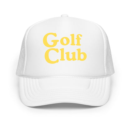 Golf Club Trucker Hat – Foam Mesh Hat with Golden Yellow Print - White - Club Rehab