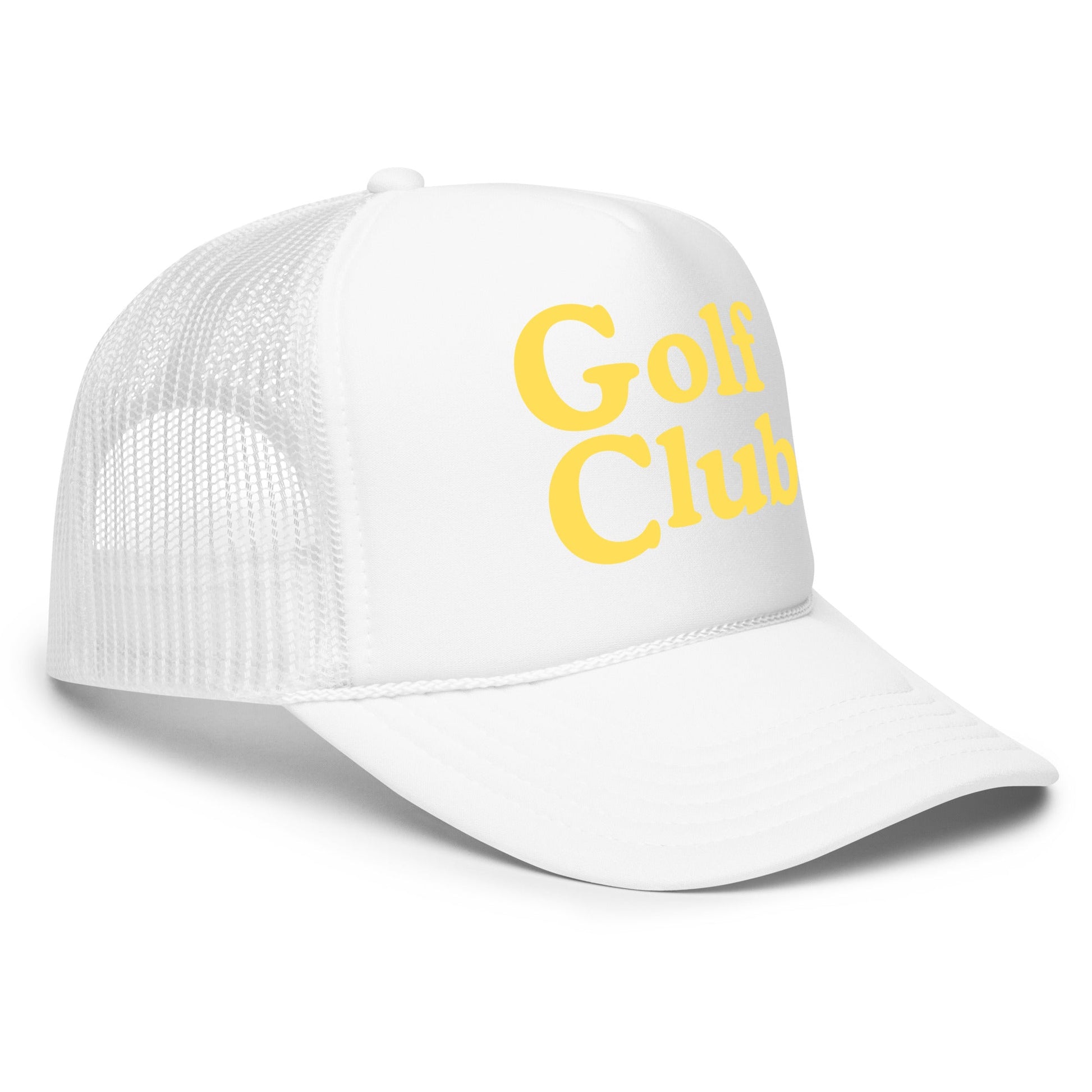 Golf Club Trucker Hat – Foam Mesh Hat with Golden Yellow Print - White - Club Rehab