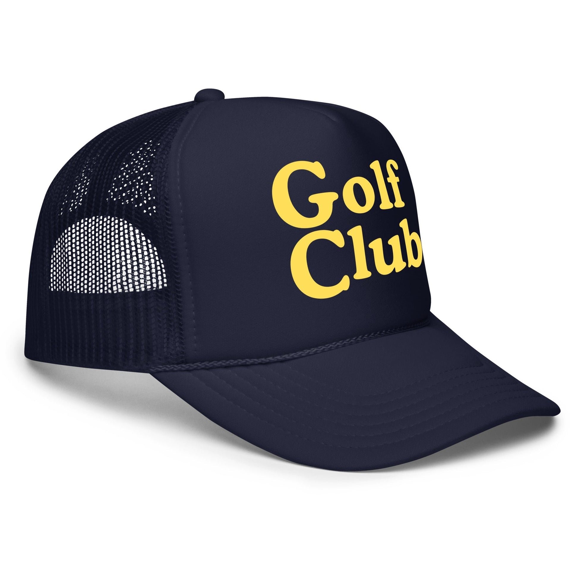 Golf Club Trucker Hat – Foam Mesh Hat with Golden Yellow Print - Navy - Club Rehab