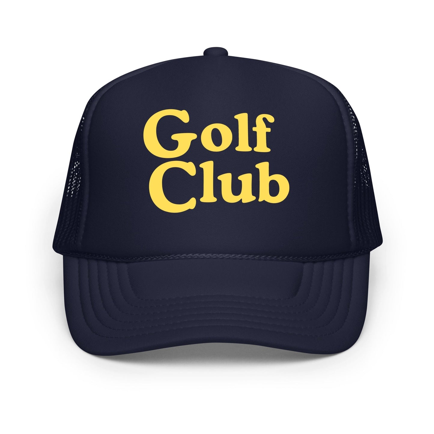 Golf Club Trucker Hat – Foam Mesh Hat with Golden Yellow Print - Navy - Club Rehab