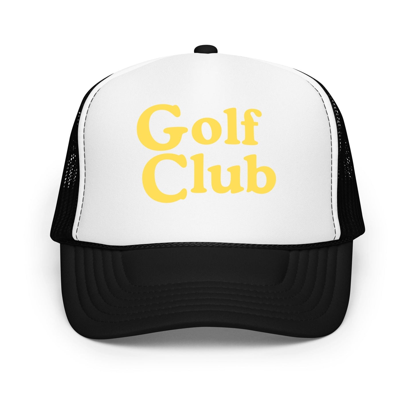 Golf Club Trucker Hat – Foam Mesh Hat with Golden Yellow Print - Black / White / Black - Club Rehab