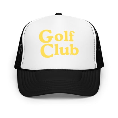 Golf Club Trucker Hat – Foam Mesh Hat with Golden Yellow Print - Black / White / Black - Club Rehab