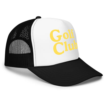 Golf Club Trucker Hat – Foam Mesh Hat with Golden Yellow Print - Black / White / Black - Club Rehab