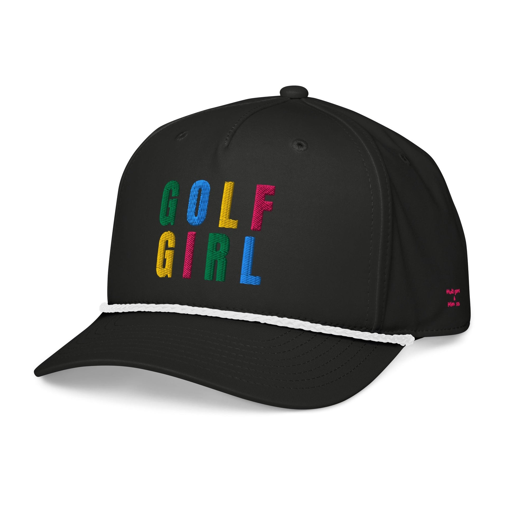 GOLF GIRL Embroidered Rope Hat – Multicolor Letters, Retro Golf Hat for Women, Birdie Pop Collection - Black/White - Club Rehab