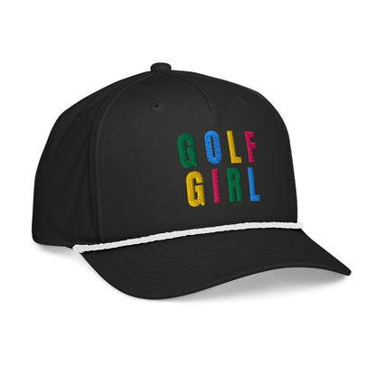 GOLF GIRL Embroidered Rope Hat – Multicolor Letters, Retro Golf Hat for Women, Birdie Pop Collection - Black/White - Club Rehab
