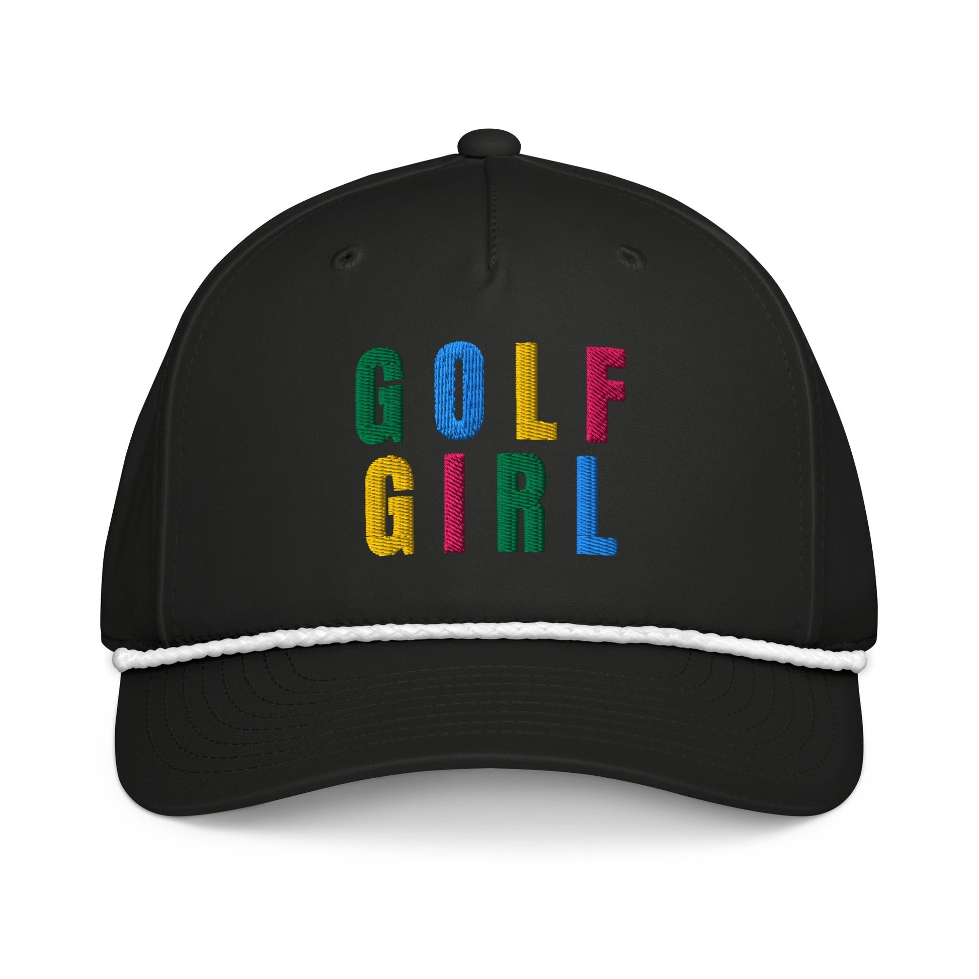 GOLF GIRL Embroidered Rope Hat – Multicolor Letters, Retro Golf Hat for Women, Birdie Pop Collection - Black/White - Club Rehab