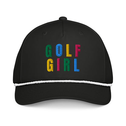 GOLF GIRL Embroidered Rope Hat – Multicolor Letters, Retro Golf Hat for Women, Birdie Pop Collection - Black/White - Club Rehab