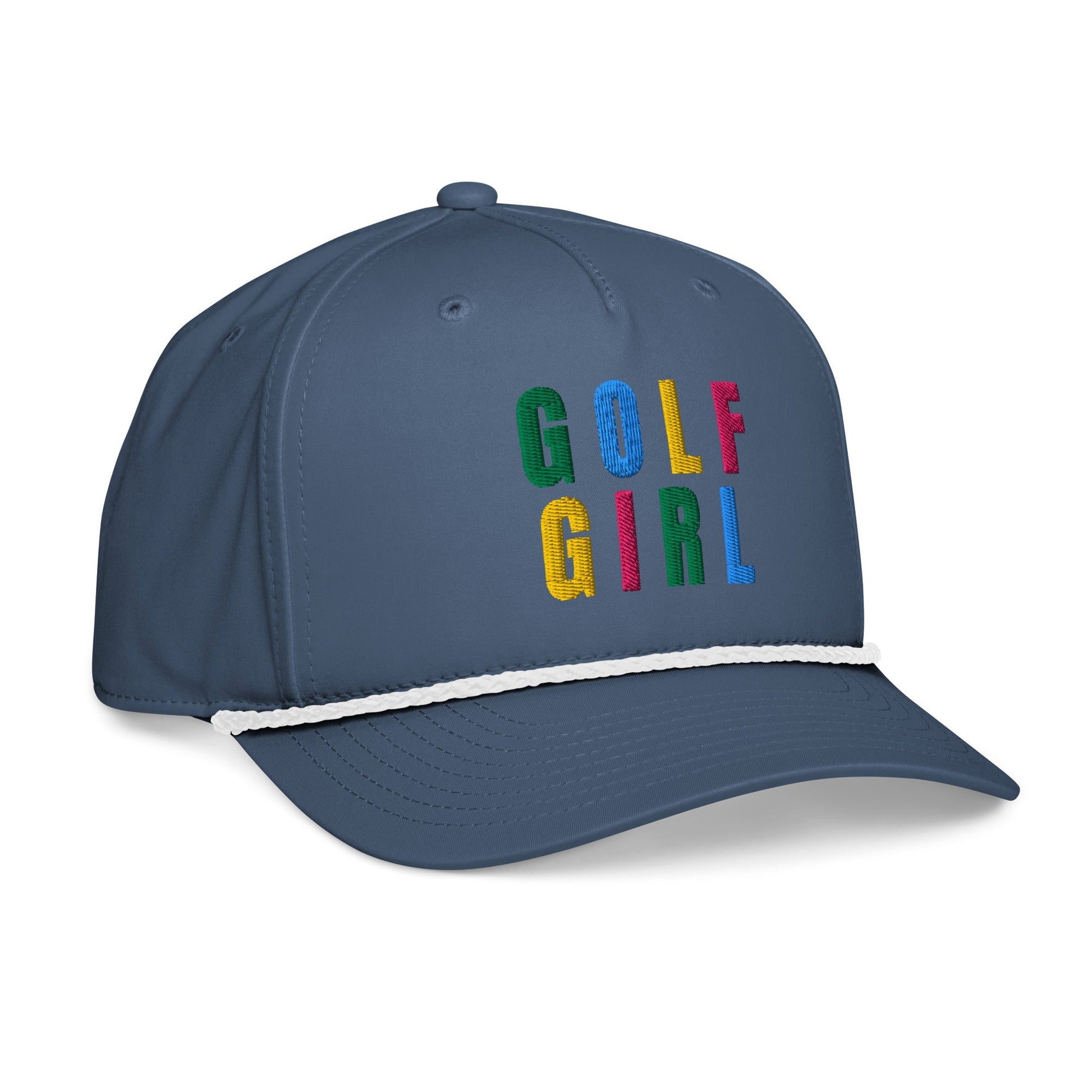 GOLF GIRL Embroidered Rope Hat – Multicolor Letters, Retro Golf Hat for Women, Birdie Pop Collection - Light Blue/White - Club Rehab