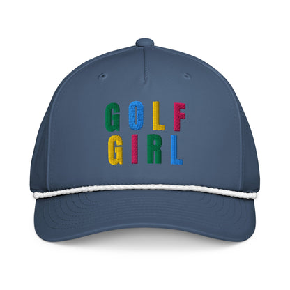GOLF GIRL Embroidered Rope Hat – Multicolor Letters, Retro Golf Hat for Women, Birdie Pop Collection - Light Blue/White - Club Rehab