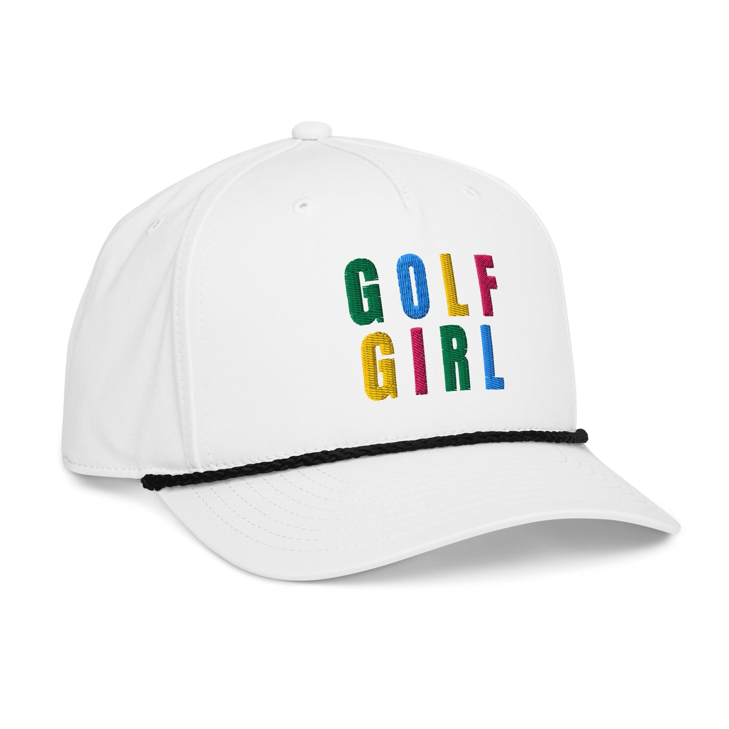 GOLF GIRL Embroidered Rope Hat – Multicolor Letters, Retro Golf Hat for Women, Birdie Pop Collection - White/Black - Club Rehab