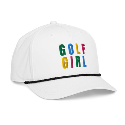 GOLF GIRL Embroidered Rope Hat – Multicolor Letters, Retro Golf Hat for Women, Birdie Pop Collection - White/Black - Club Rehab