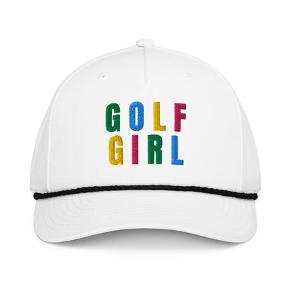 GOLF GIRL Embroidered Rope Hat – Multicolor Letters, Retro Golf Hat for Women, Birdie Pop Collection - White/Black - Club Rehab