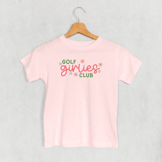 Pink Golf Girlies Club kids' T-shirt with pink and green lettering