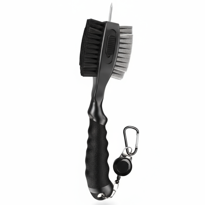 Black brush with a handle and carabiner on a white background