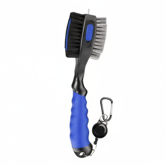 Pet grooming brush with blue handle and carabiner on a white background