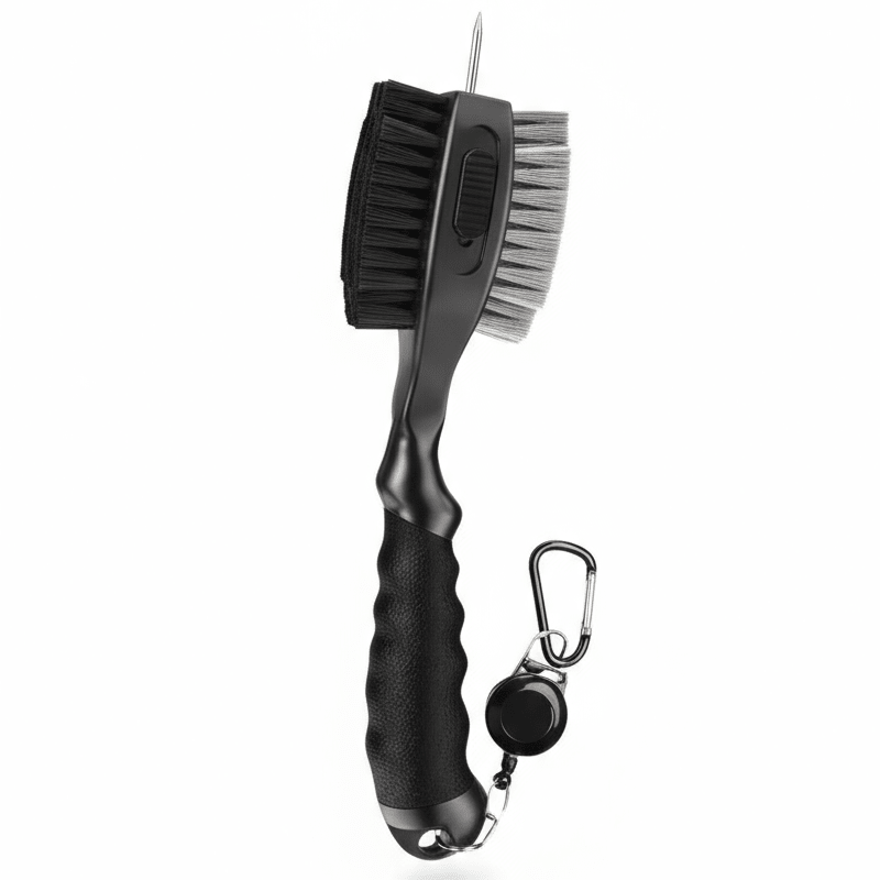 Black brush with a handle and carabiner on a white background