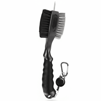 Black brush with a handle and carabiner on a white background
