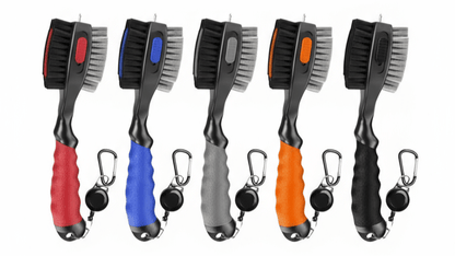 Set of five cleaning brushes with colorful handles on a white background