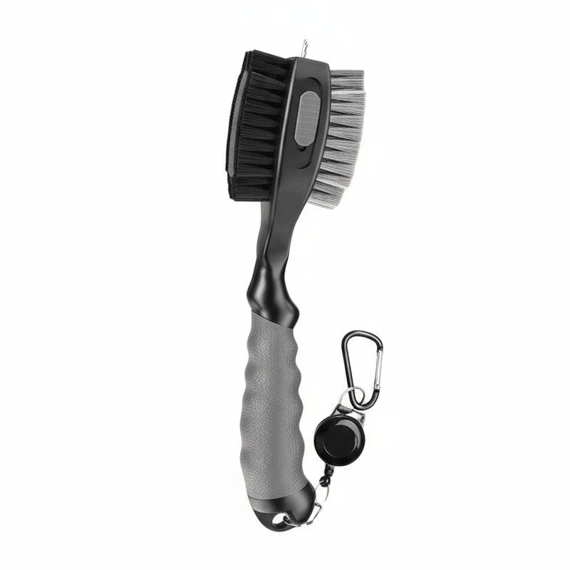 Cleaning brush with gray handle and carabiner on a white background