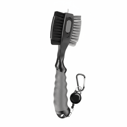 Cleaning brush with gray handle and carabiner on a white background