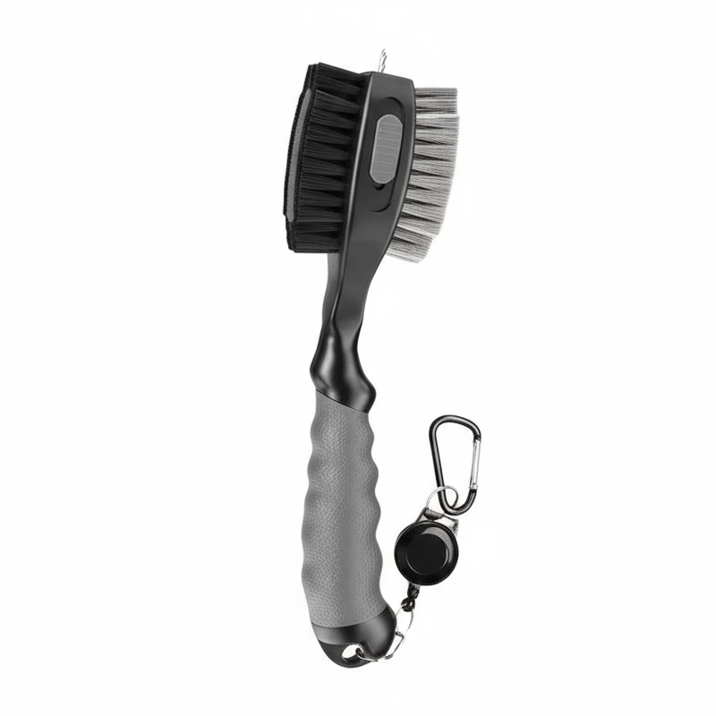 Cleaning brush with gray handle and carabiner on a white background