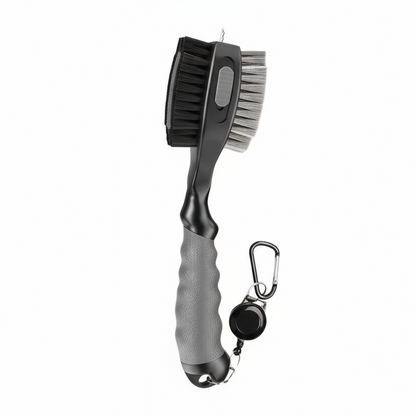 Cleaning brush with gray handle and carabiner on a white background
