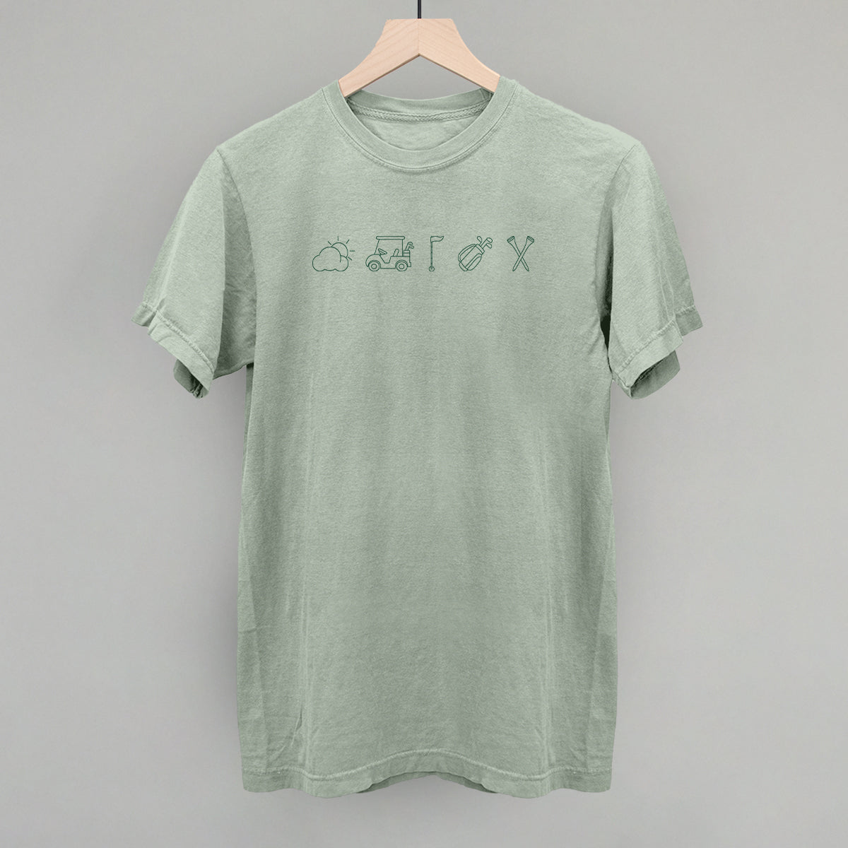 Muted green Golf Icons T-shirt with a small row of golf graphics