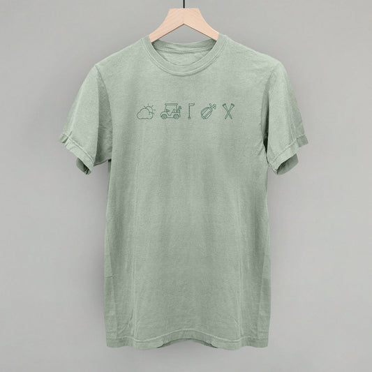 Muted green Golf Icons T-shirt with a small row of golf graphics