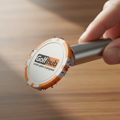 Golf hub device held by a hand on a wooden surface