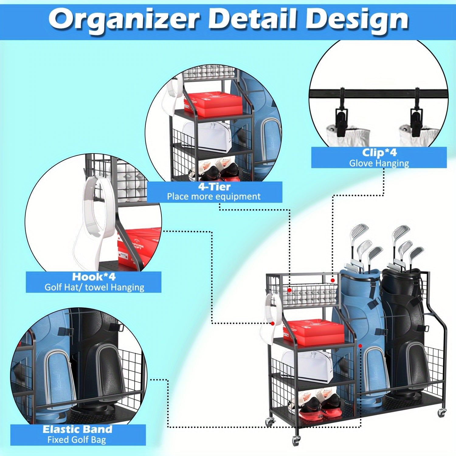 GolfPro Double Bag Organizer – Extra Large Golf Bag Stand - Club Rehab