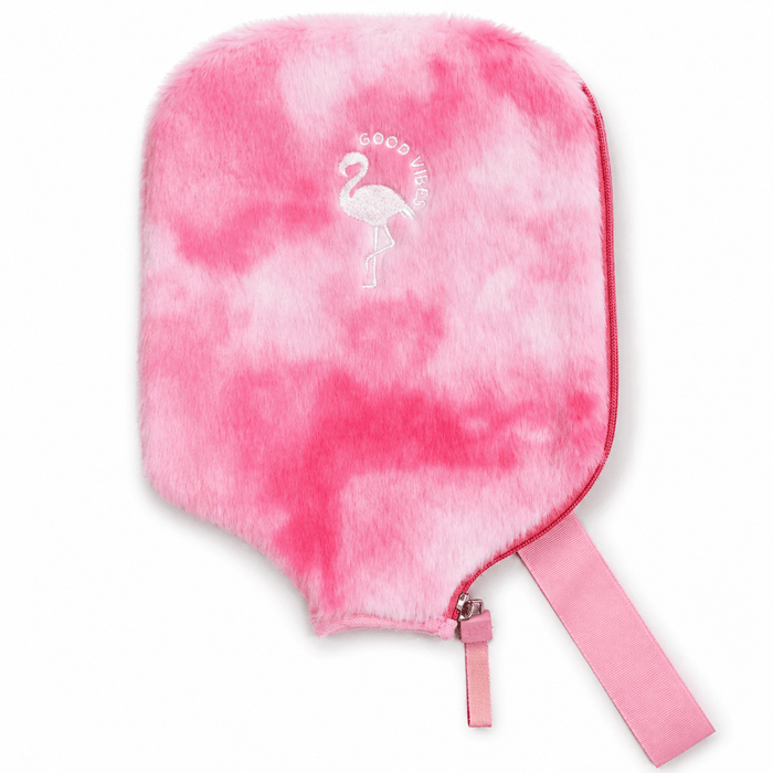 Pink tie-dye pickleball paddle cover with a flamingo logo on a white background