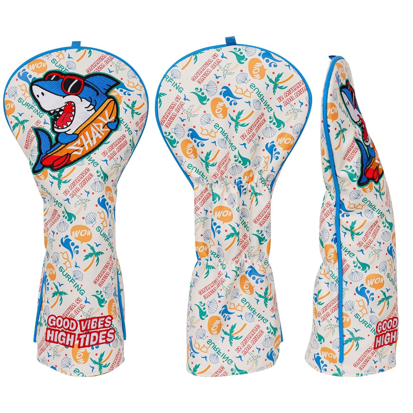Colorful golf club head covers with shark design and text on a white background