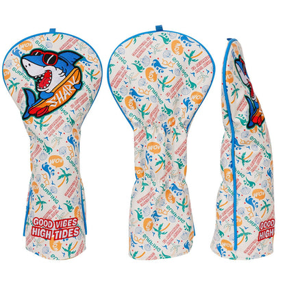 Colorful golf club head covers with shark design and text on a white background
