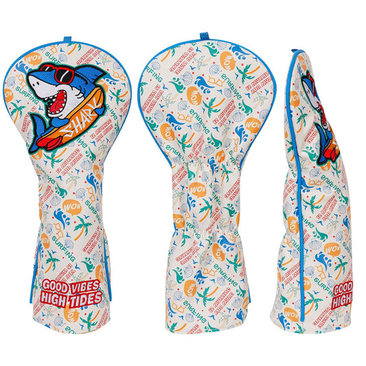 Colorful golf club head covers with shark design and text on a white background