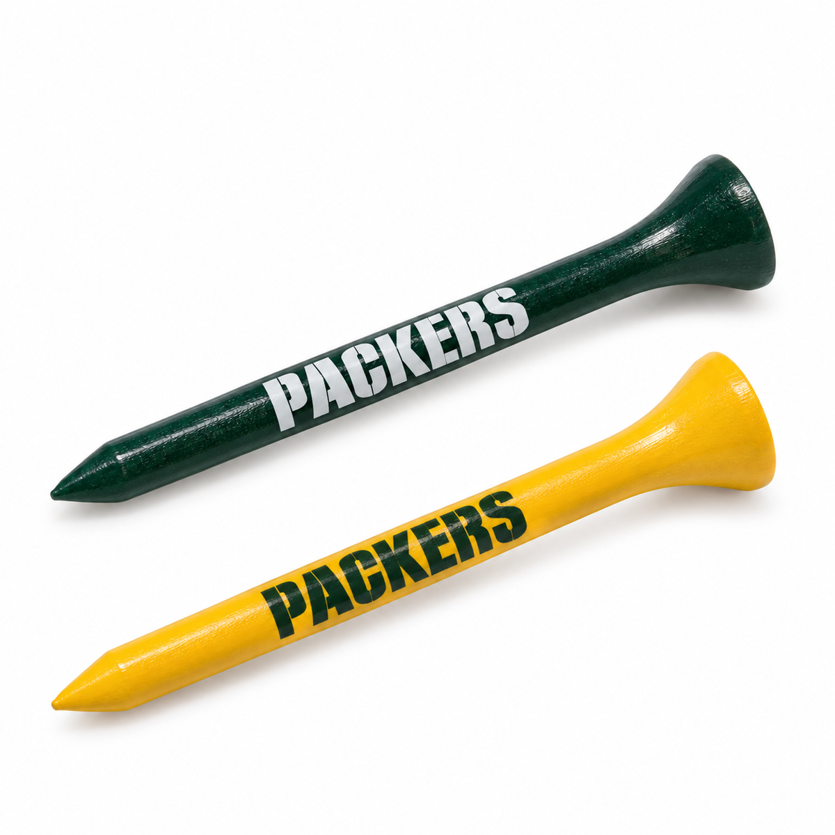 Green Bay Packers golf tees in green and yellow with team lettering.