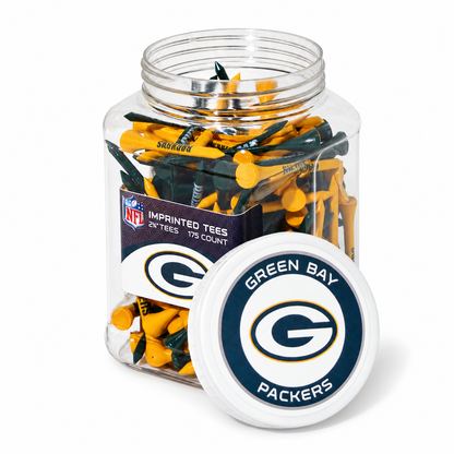 Close-up of the Green Bay Packers 175-count tee jar and separate lid.