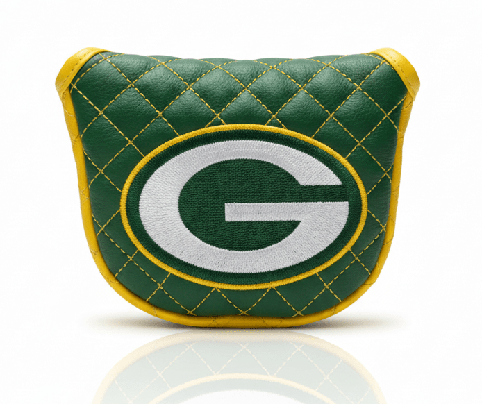Green and yellow quilted golf club head cover with a logo on a white background