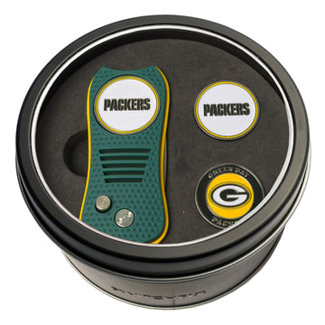 Green Bay Packers Klapp-Divot-Tool + 2 Ballmarker im Metalldosen-Geschenkset